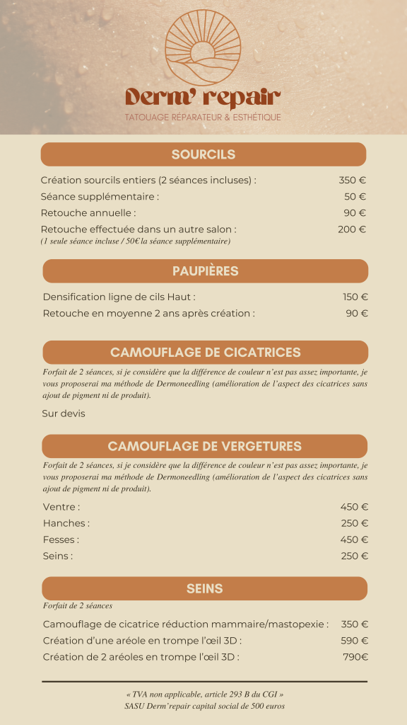 Tableau des prestations et tarifs en dermopigmentation réparatrice et maquillage permanent à Bonneville