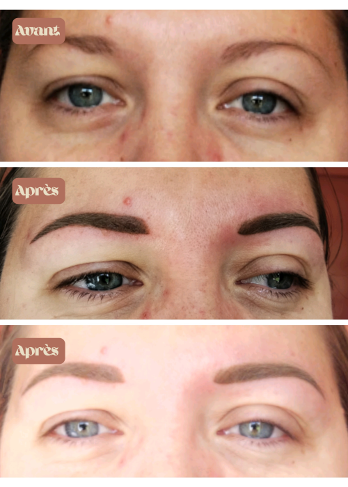 Tatouage de sourcils méthode poudrée avant et après sur modèle
